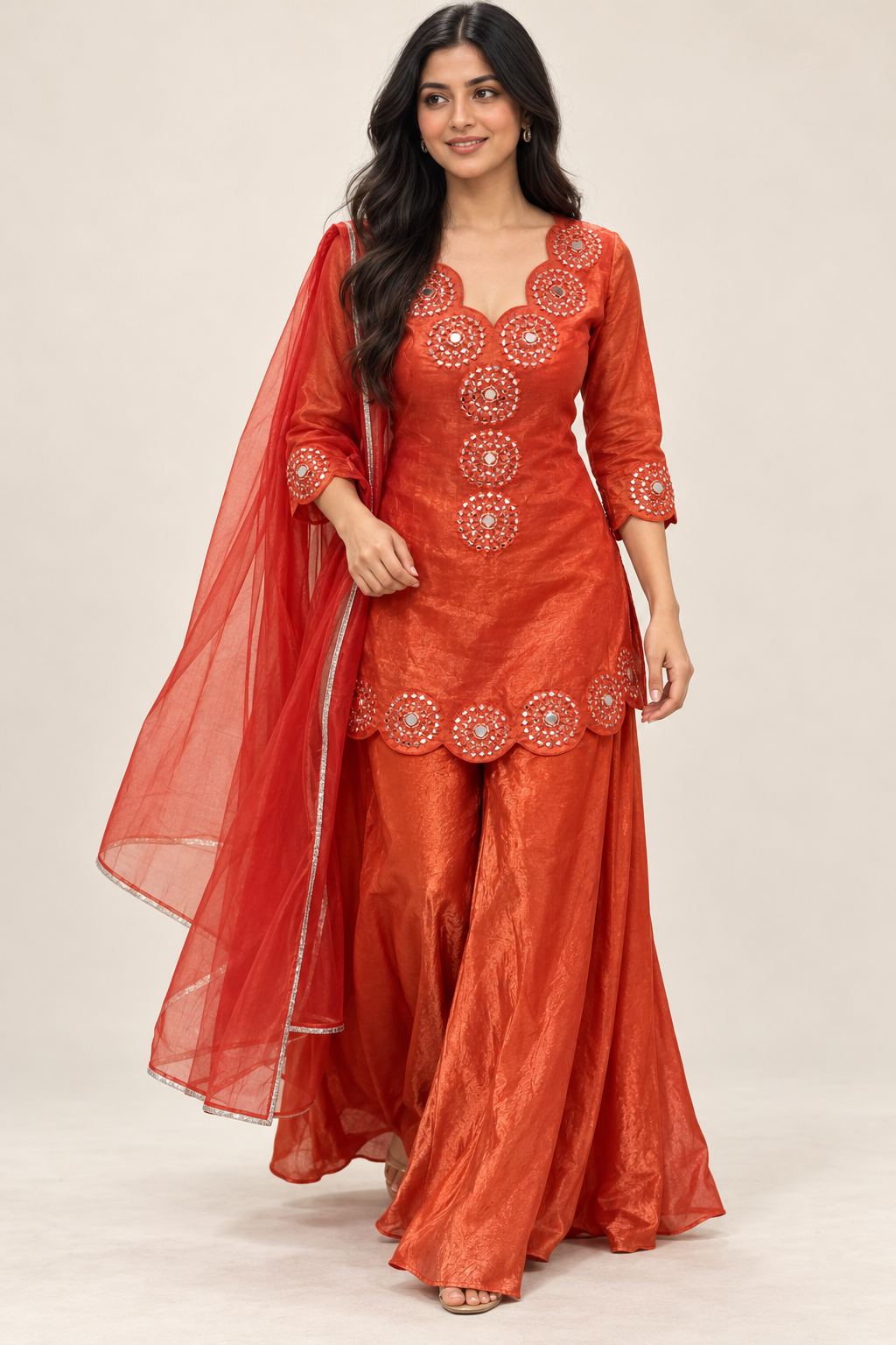 Orange Tissue Silk Kurti Palazzo & Dupatta Set with Mirror Work