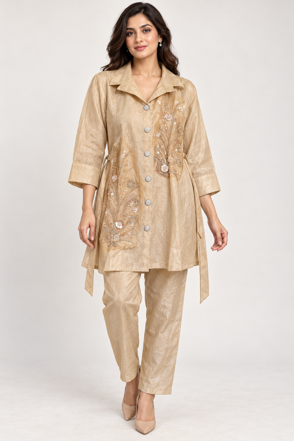 Champagne Beige Botanical Embellished Co-ord Set – Size 38