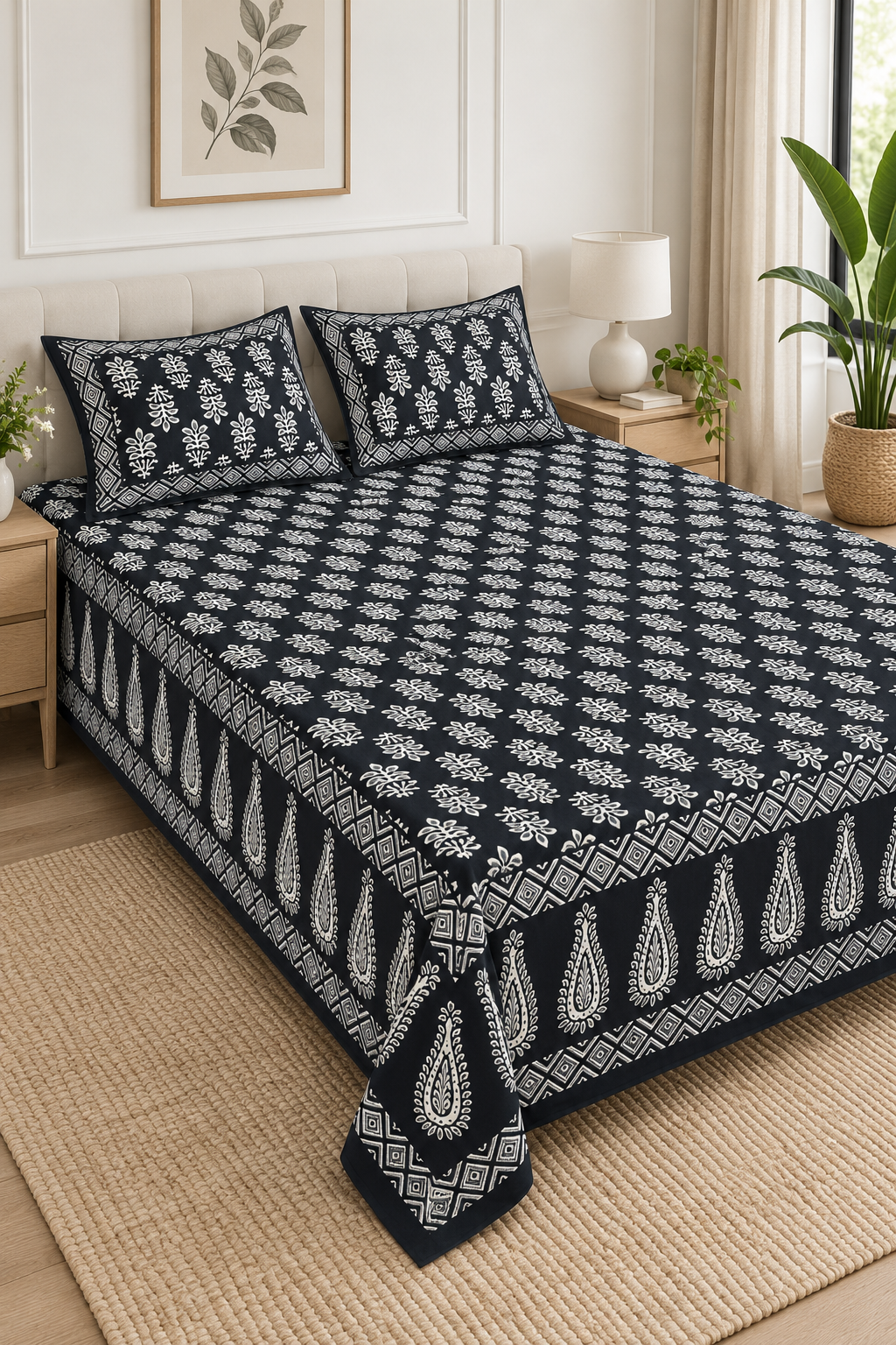 Queen Size Flat Bedsheet with Matching Pillowcases – Black & White Botanical Paisley Print