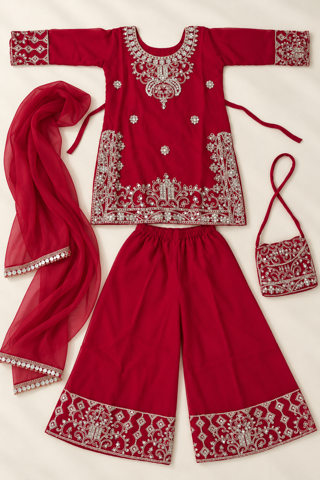 Girls’ Red Georgette Kurti Palazzo Set with Dupatta & Potli
