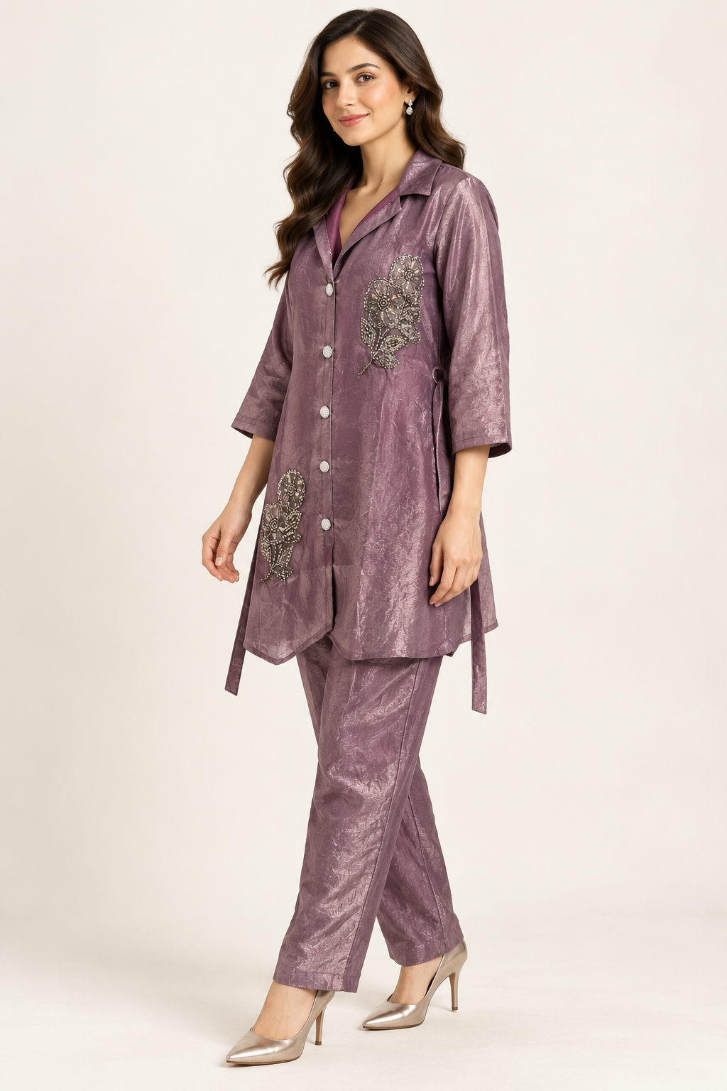 Mauve Purple Embellished Co-ord Set with Belt Option – Size 38