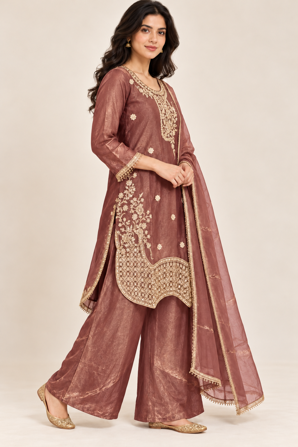 Dusty Rose Gold Embroidered Kurta Palazzo Set with Dupatta