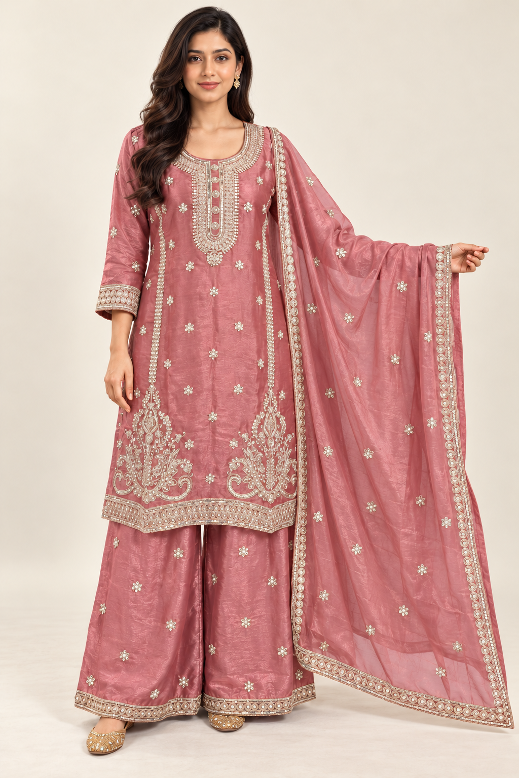Dusty Rose Pink Embroidered Kurta Palazzo Suit with Dupatta