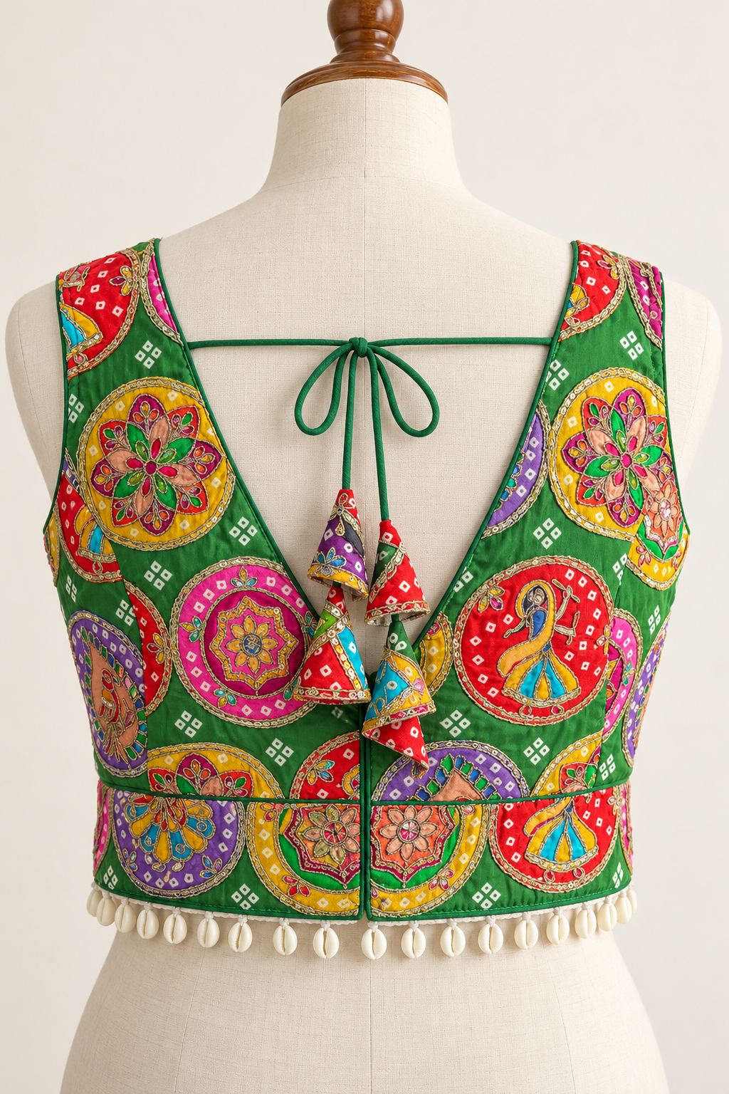 Green Multicolor Embroidered Crepe Silk Padded Blouse with Cowrie Shell Trim