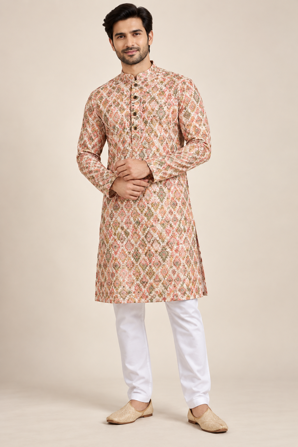 Men’s Ivory & Coral Embroidered Kurta with White Pajama | Heavy Festive Wear