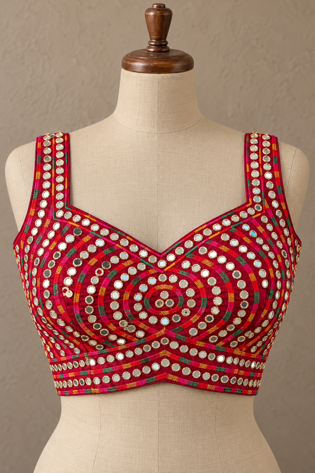 Maroon Mirror Work Raw Silk Applecut Blouse
