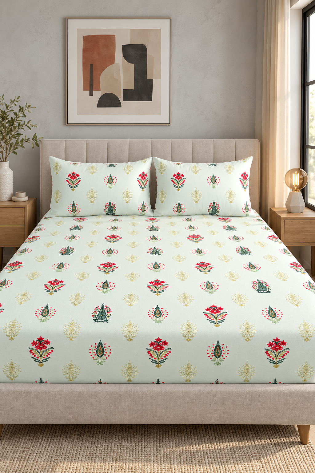 Mint Botanical Queen Size Fitted Bedsheet Set – Red Floral Print