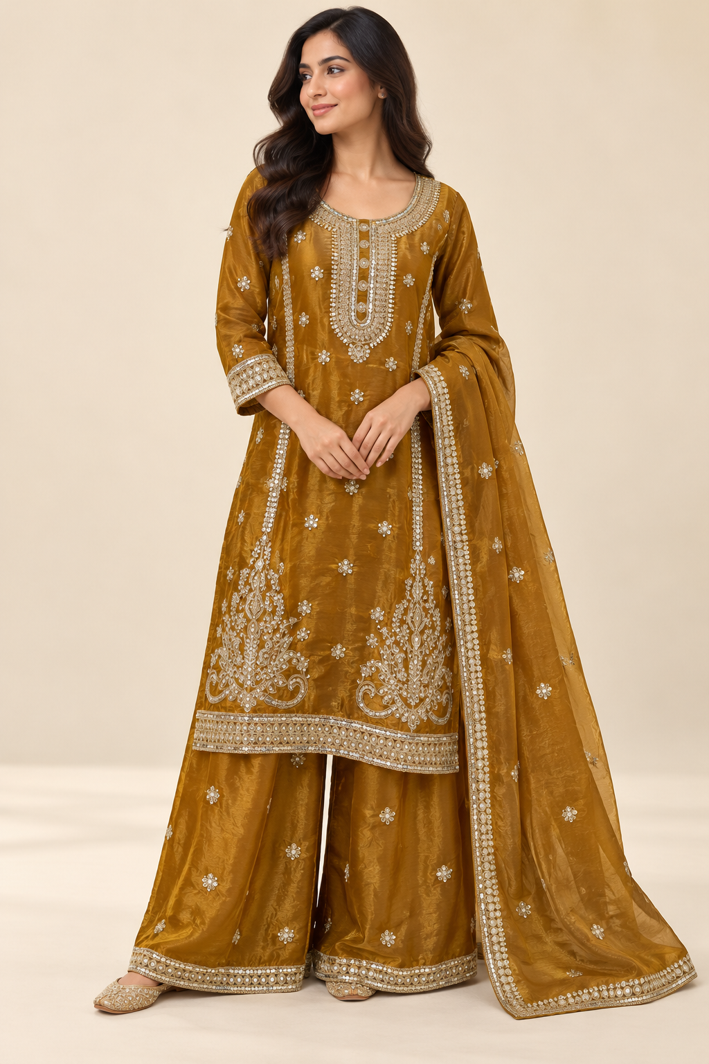 Mustard Gold Embroidered Kurta Palazzo Suit with Dupatta