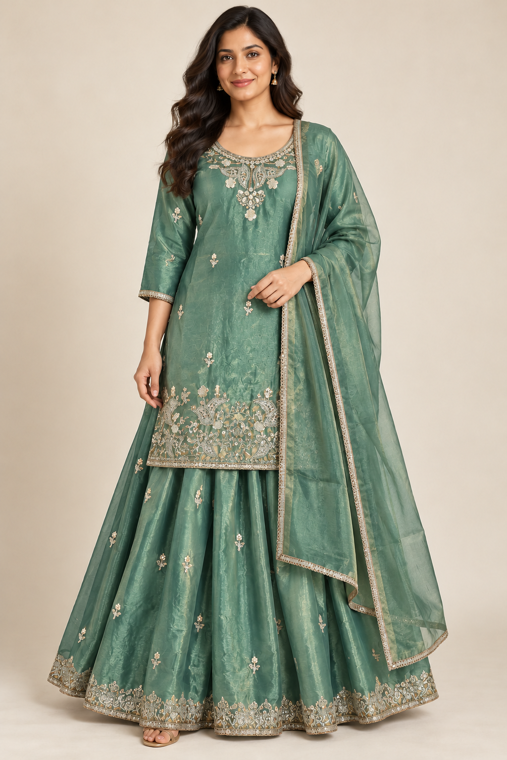 Sea Green Embroidered Kurti & Lehenga Set with Dupatta