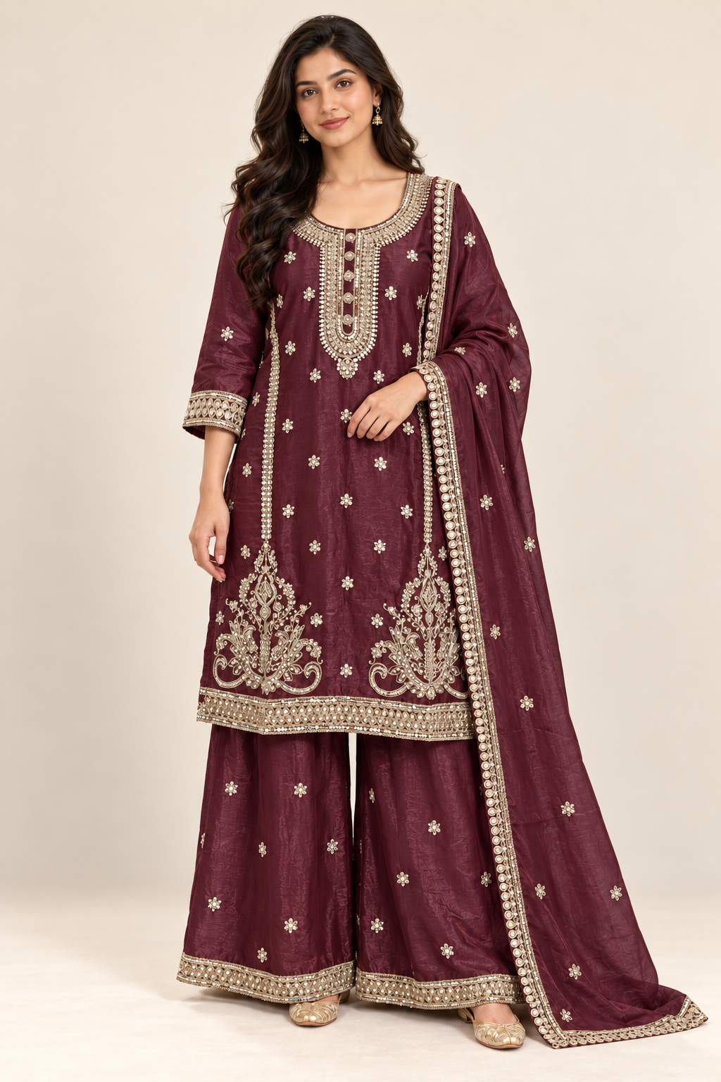 Wine Embroidered Kurta Palazzo Suit with Dupatta