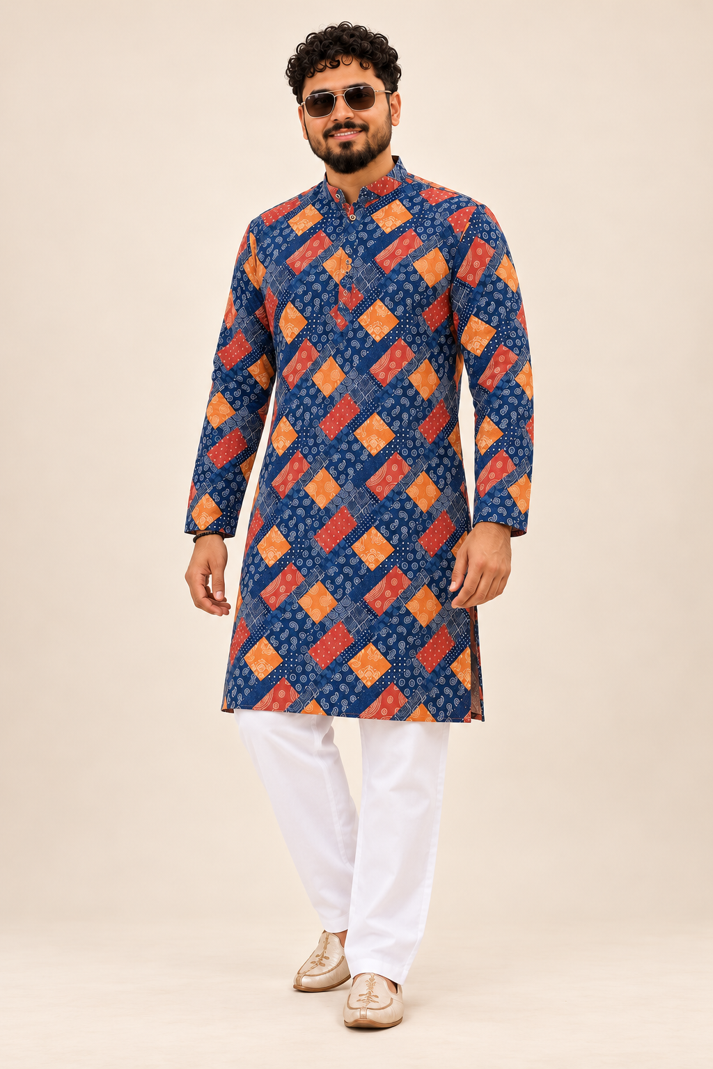 Men’s Navy Blue Geometric Print Kurta with White Pajama