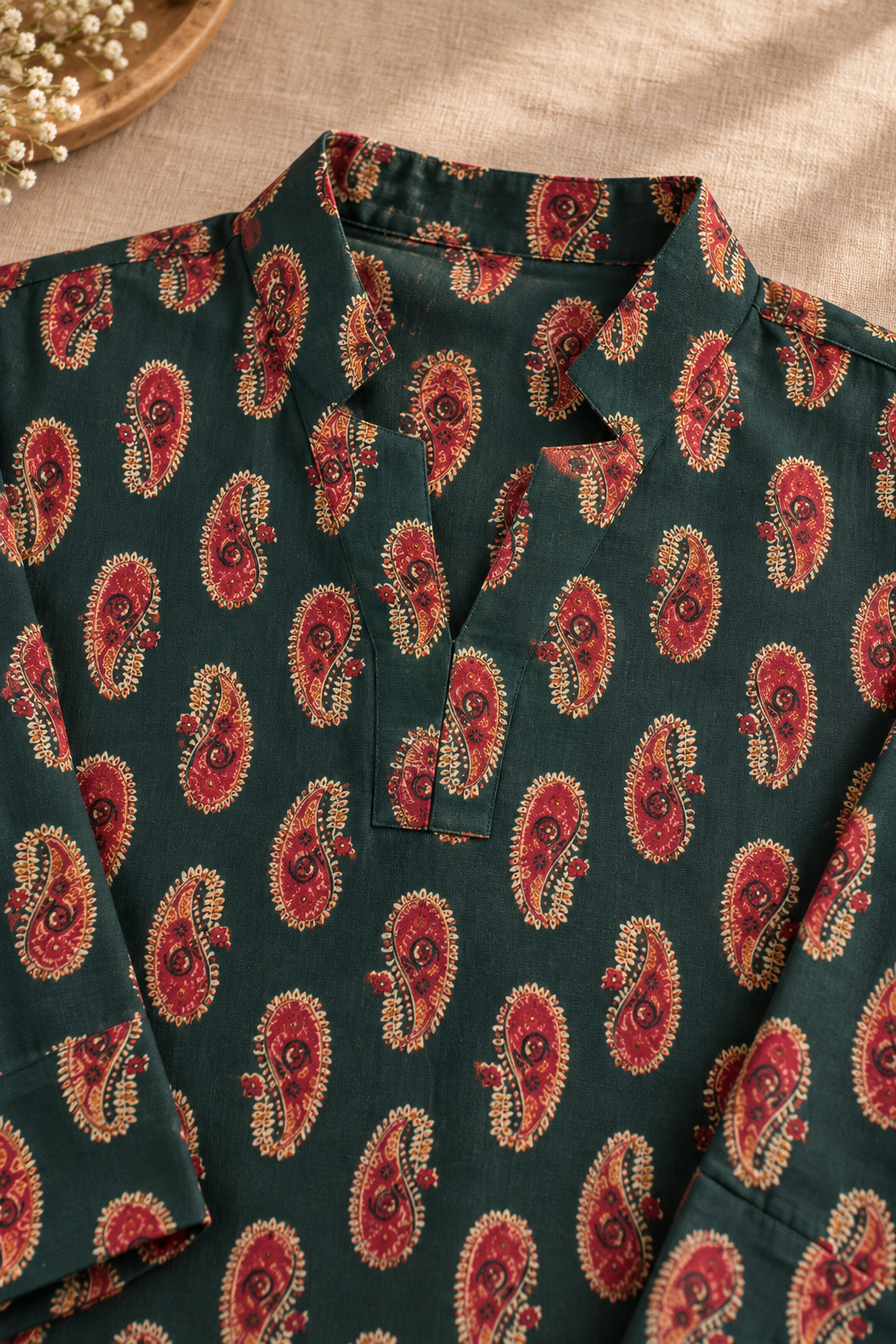 Dark Green Paisley Cotton Co-ord Set with Palazzo Pants