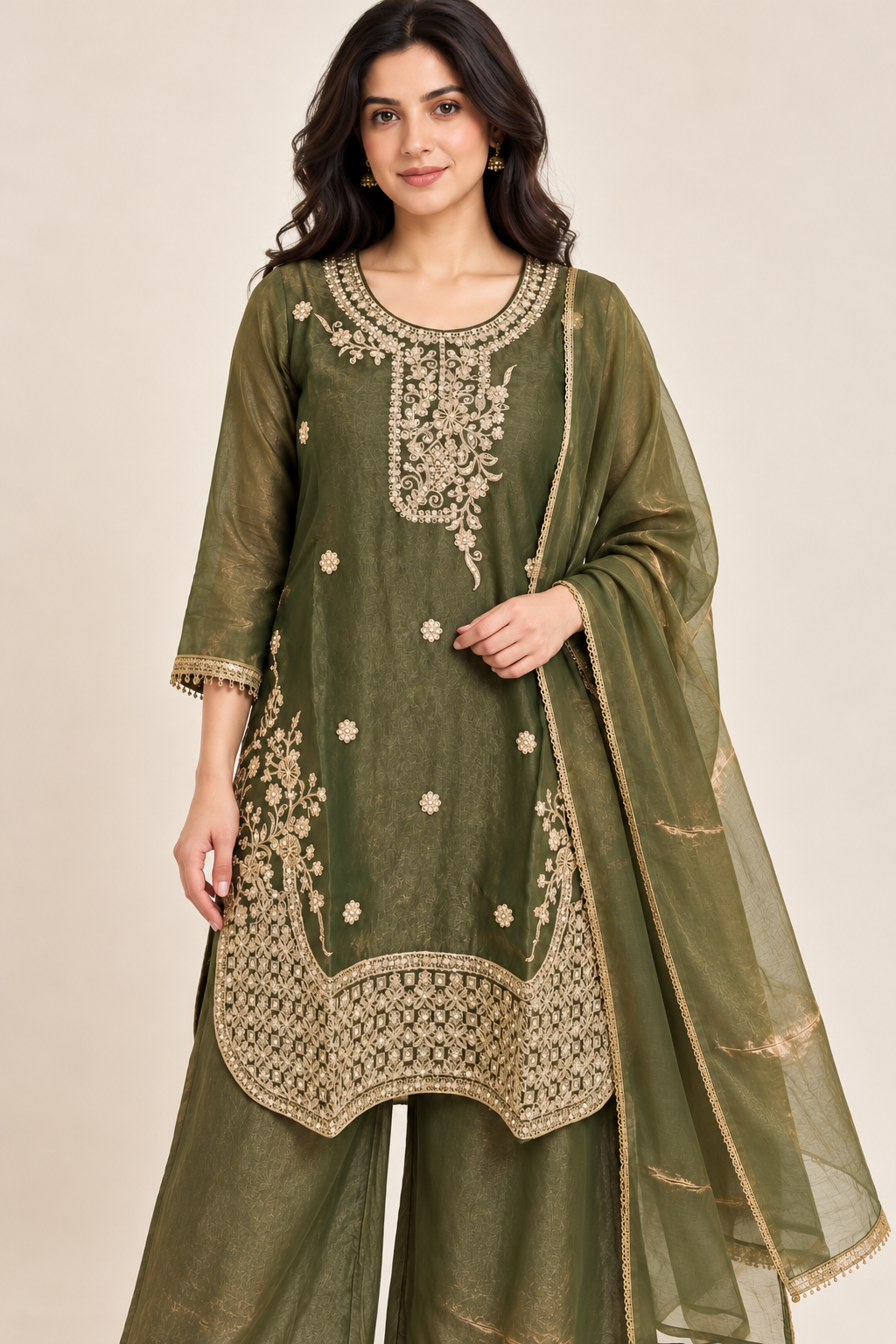 Olive Green Gold Embroidered Kurta Palazzo Set with Dupatta