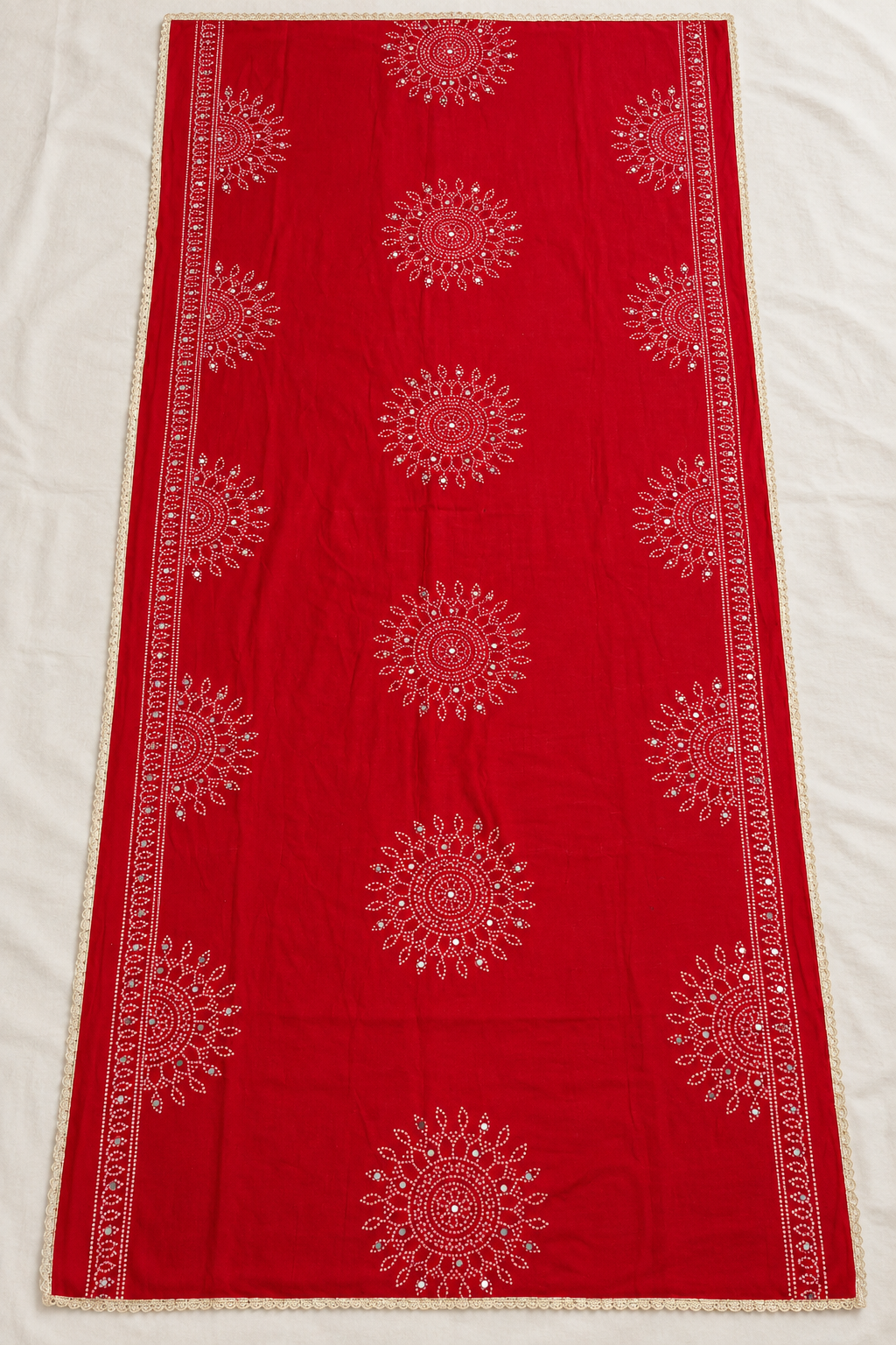 Red Semi Gaji Bandhej Dupatta with Mirror Work