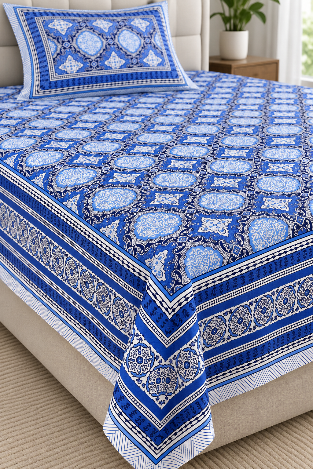 Royal Blue Medallion Queen Flat Bedsheet Set with 2 Pillow Covers
