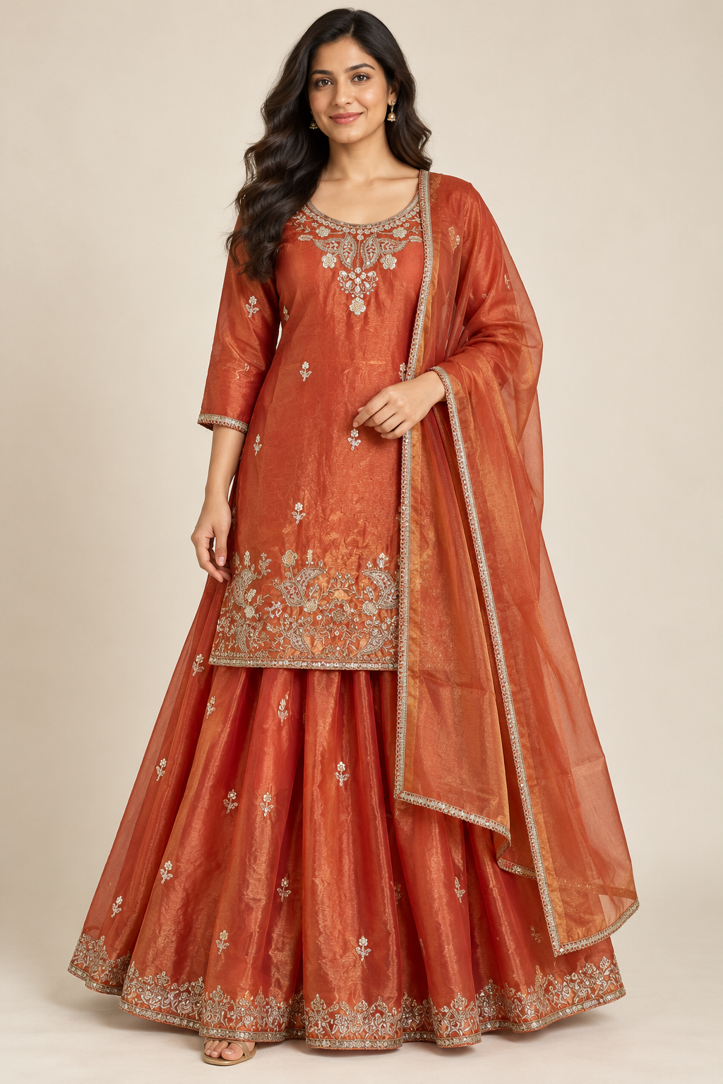 Rust Orange Embroidered Kurti & Lehenga Set with Dupatta