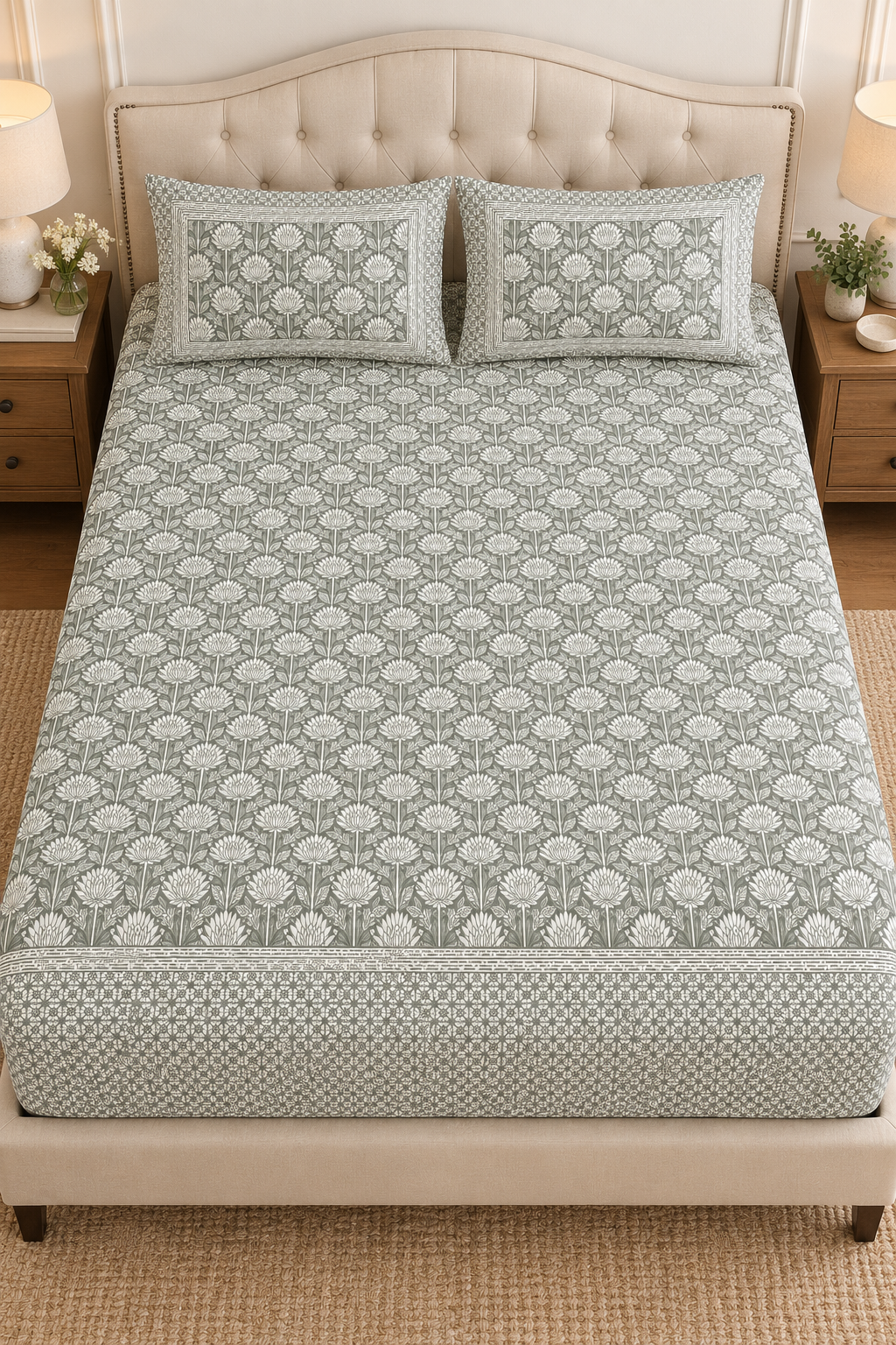 Sage Grey Floral King Fitted Bedsheet – 78″ × 80″, 16″ Deep Pocket