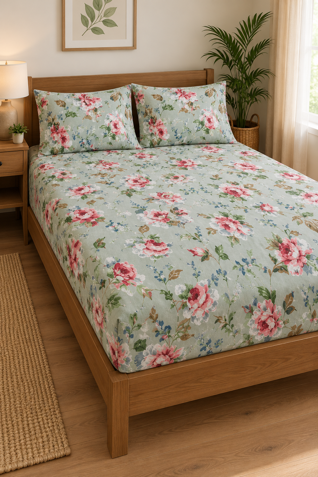 Sage Pink Floral Queen Fitted Bedsheet Set