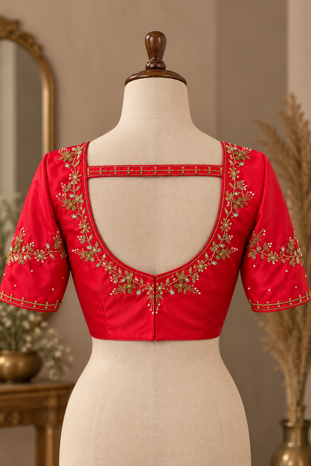 Soft Silk Embellished Saree Blouse | Red & Green