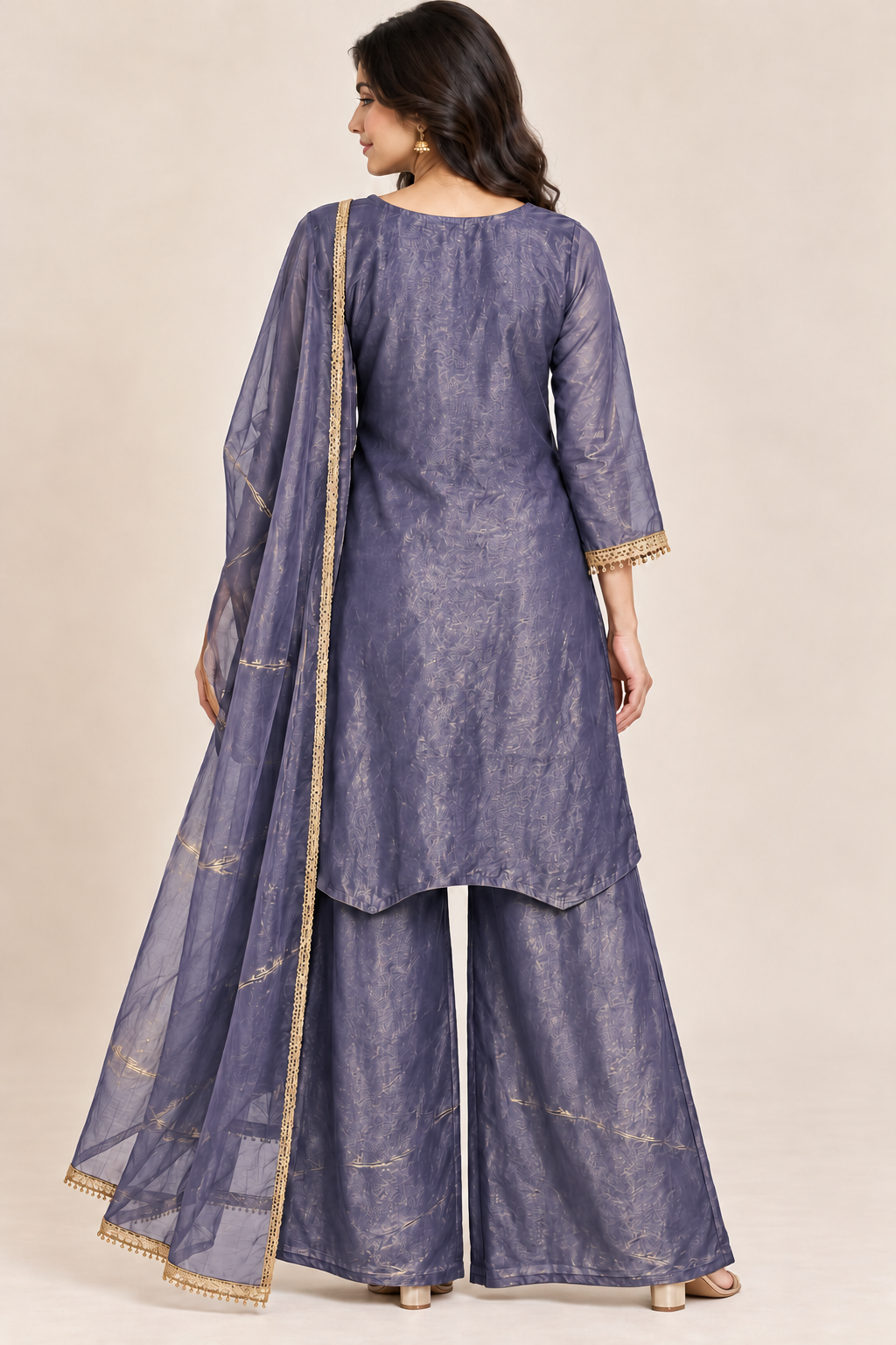 Blue-Purple Gold Embroidered Kurta Palazzo Set with Dupatta