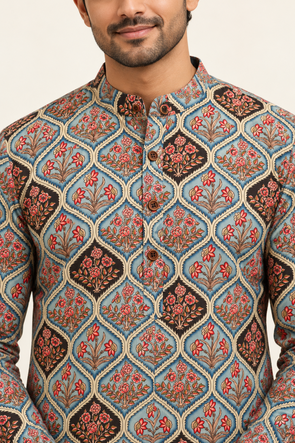 Men’s Blue Floral Print Cotton Kurta with White Pajama