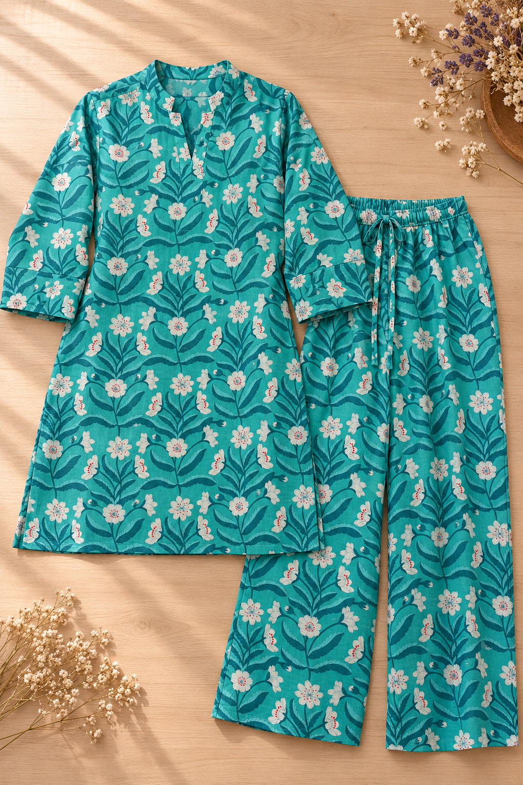 Teal Floral Co-ord Set – Notched Neck Tunic & Matching Pants