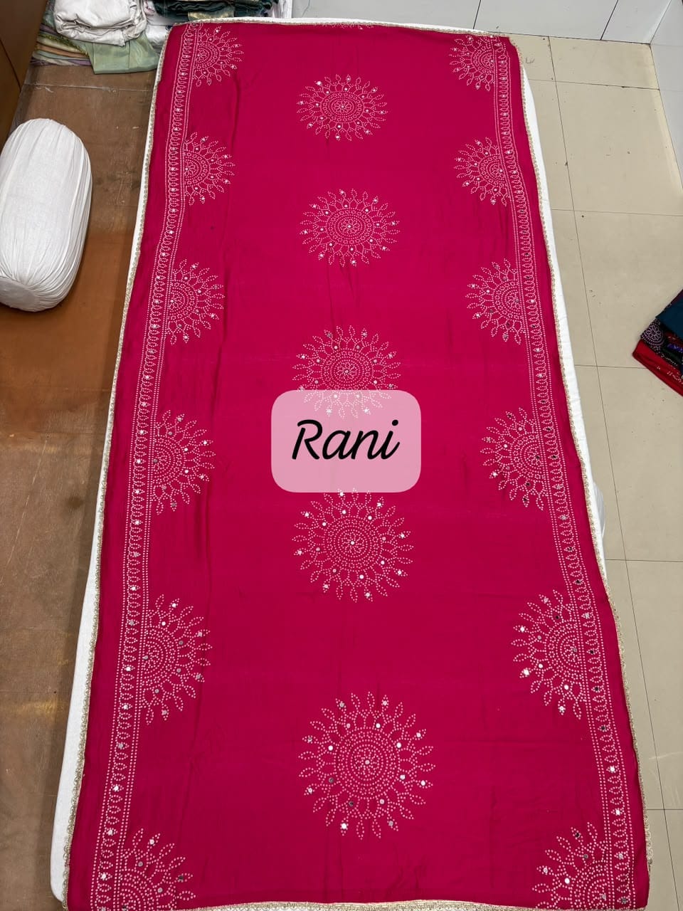 Rani Pink Semi Gaji Bandhej Dupatta with Mirror Work