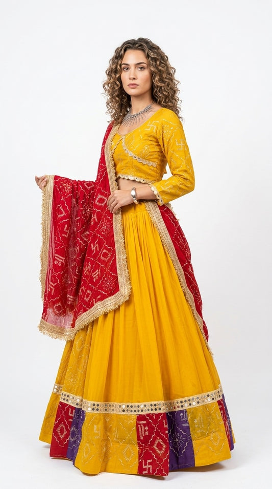 Yellow Lehenga Choli with Red Dupatta | Festive Chaniya Choli Set
