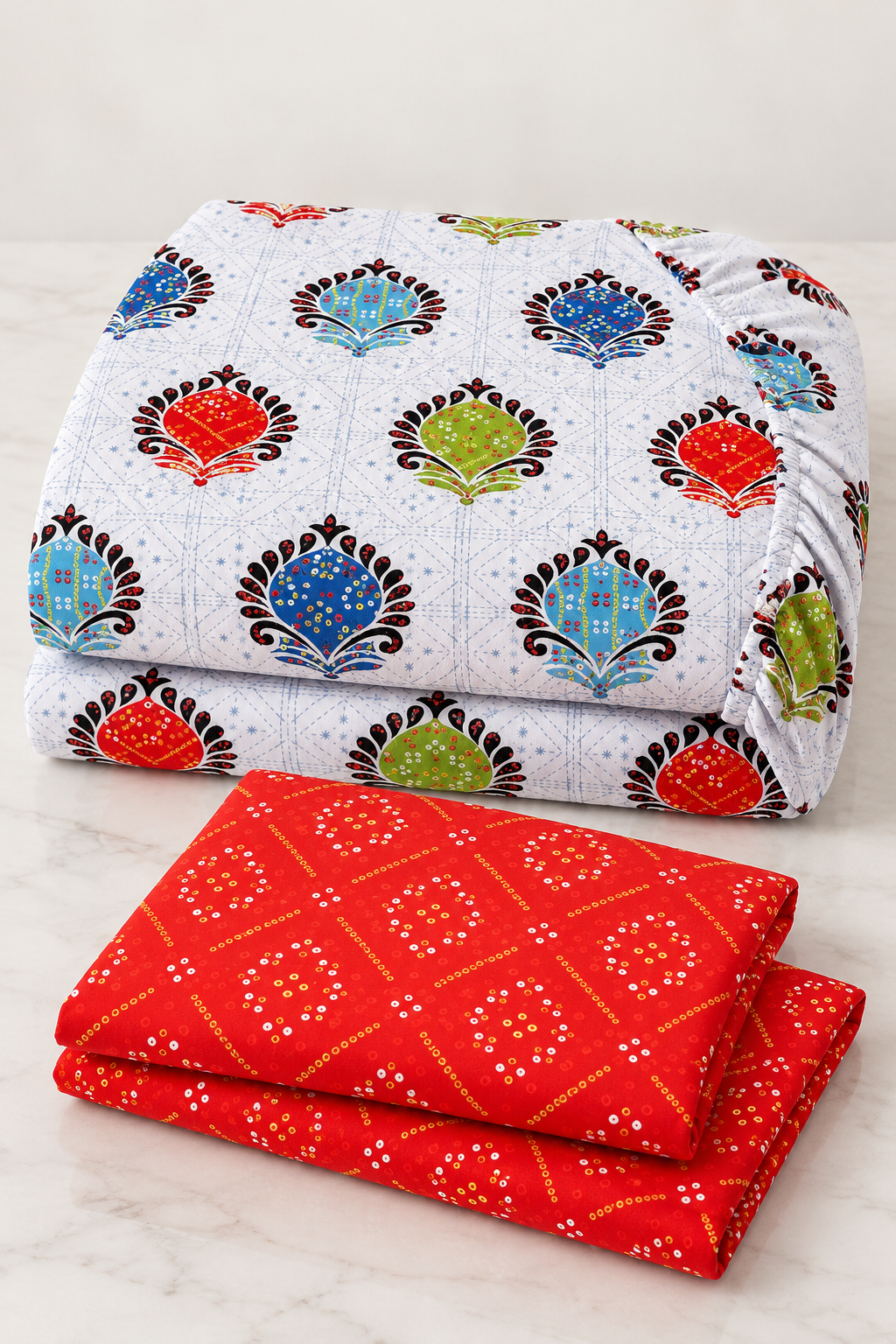 Multicolor Medallion Queen Fitted Bedsheet Set with 2 Red Pillow Covers — 16″ Deep Pocket