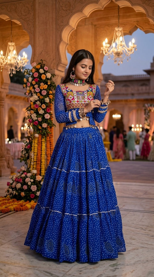 Blue Bandhani Chaniya Choli Set, full length model view