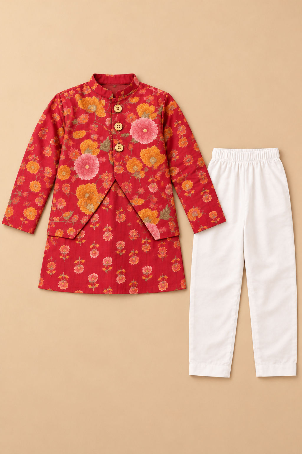 Boys' red floral festive kurta pajama set with attached jacket — flat-lay view