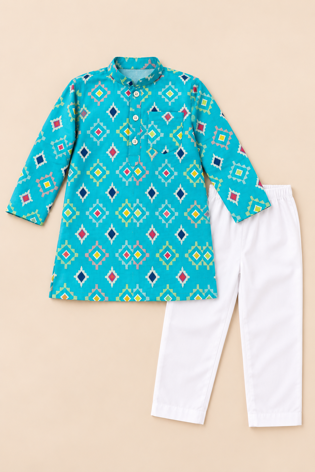 Boys' Turquoise Geometric Print Cotton Kurta Pajama Set — flat-lay view