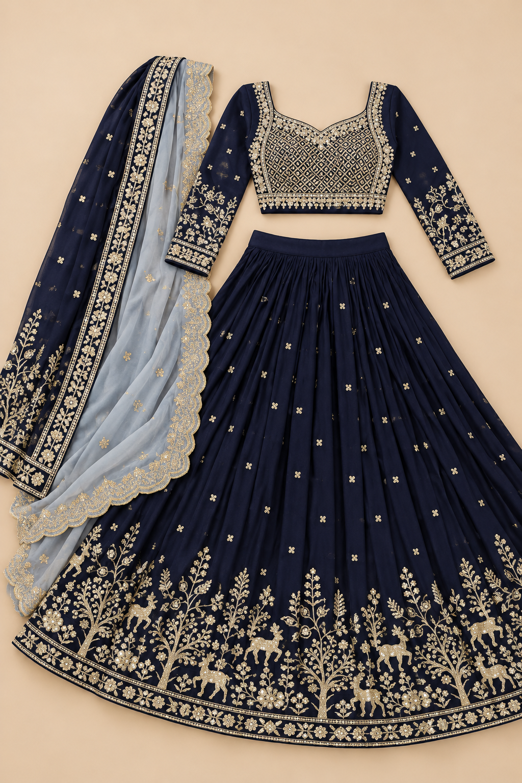 Navy Blue Sequin Embroidered Georgette Lehenga Choli with Grey Dupatta — flat-lay view