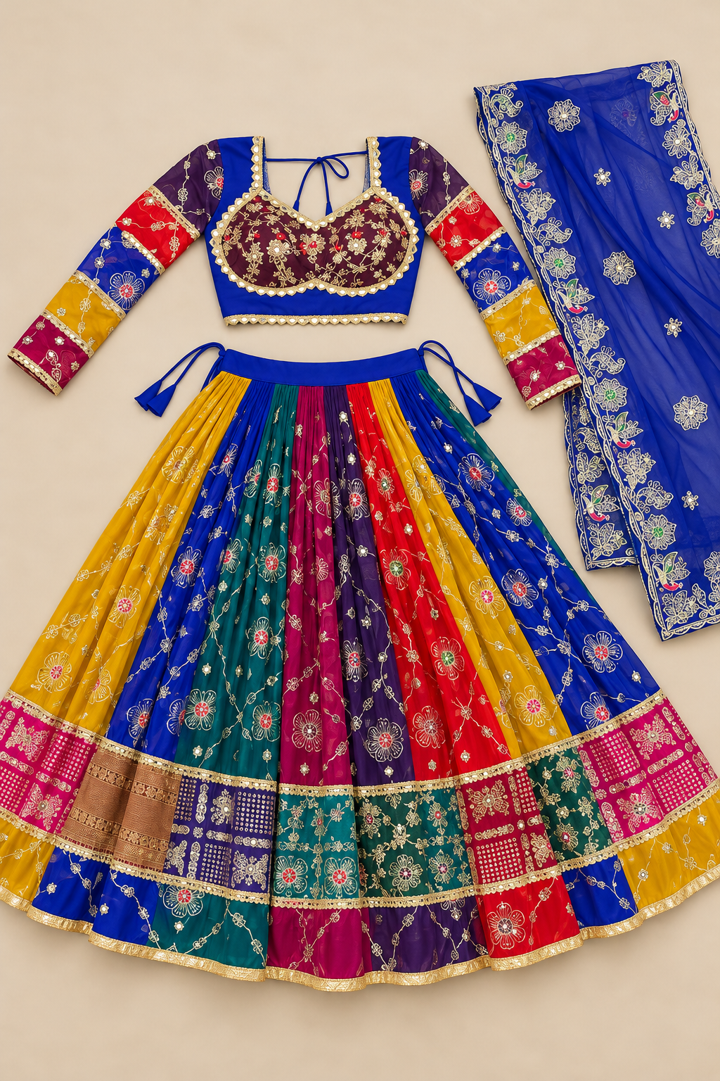 Multicolor & Royal Blue Mirror Work Georgette Lehenga Choli with Dupatta — flat-lay view