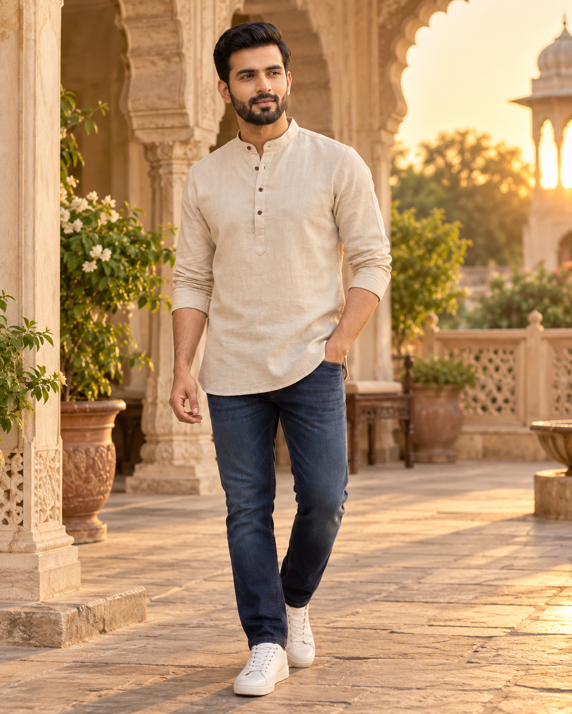 Men's beige Khadi Linen short kurta, front view