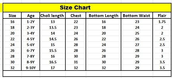 Girls' lehenga choli size chart