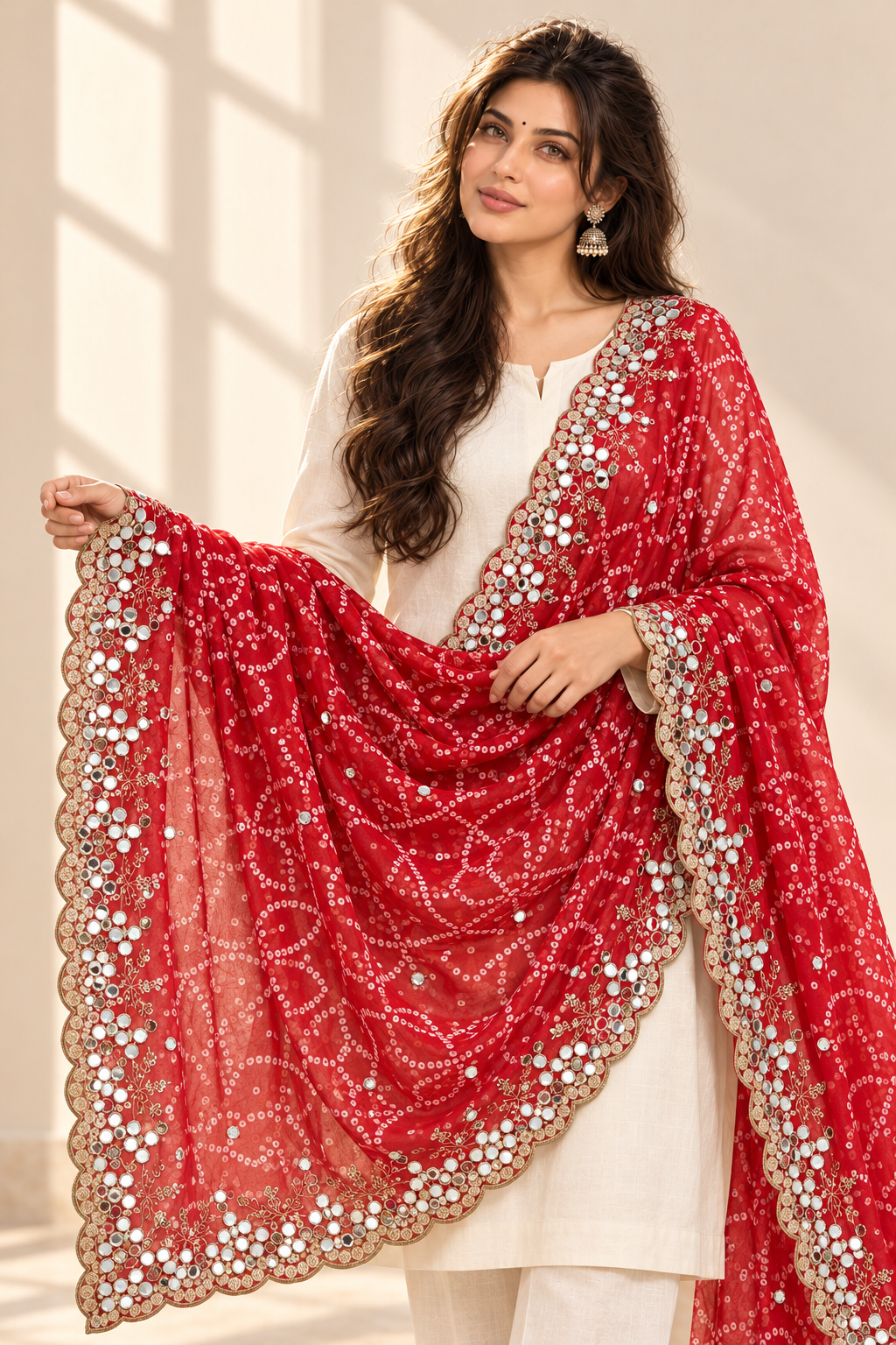 Red double-shaded Bandhani dupatta with scalloped embellished border, model view 3