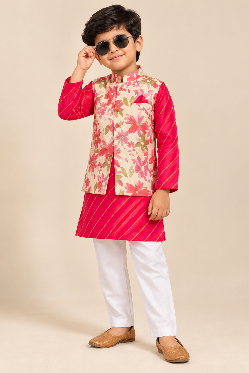 Boy wearing a pink cotton kurta with attached cream floral jacket and white pajama