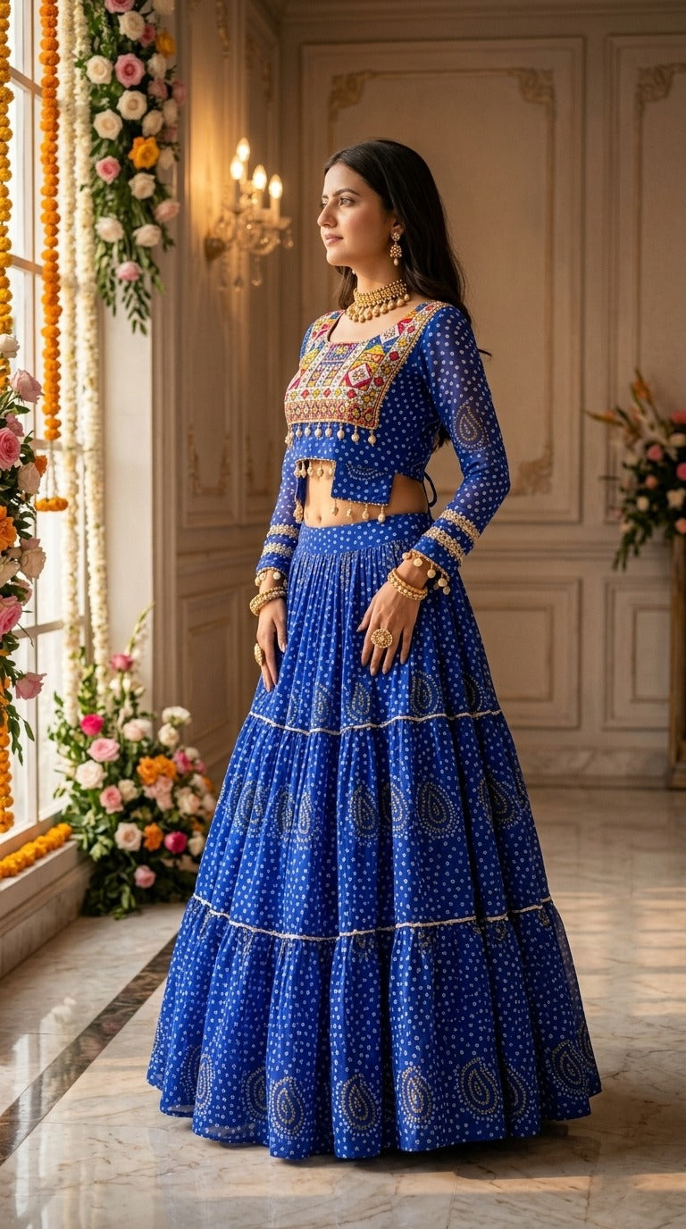 Blue Bandhani Chaniya Choli Set, side view on model