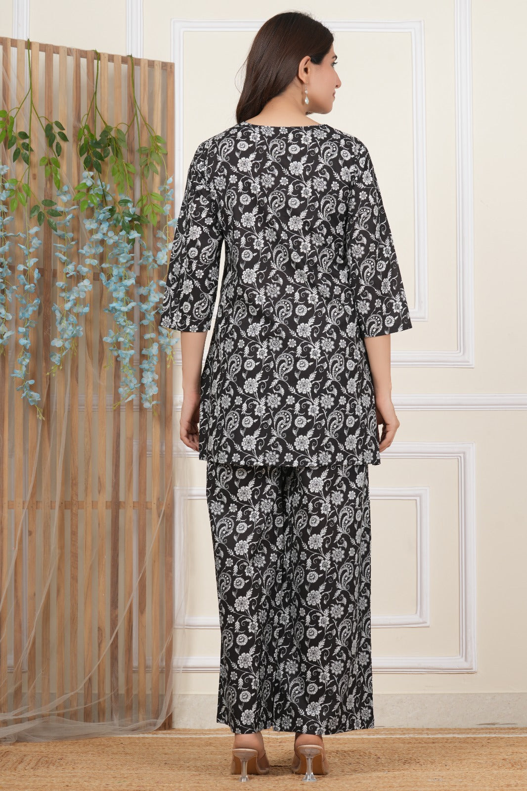 Black and white floral cotton co-ord set back view