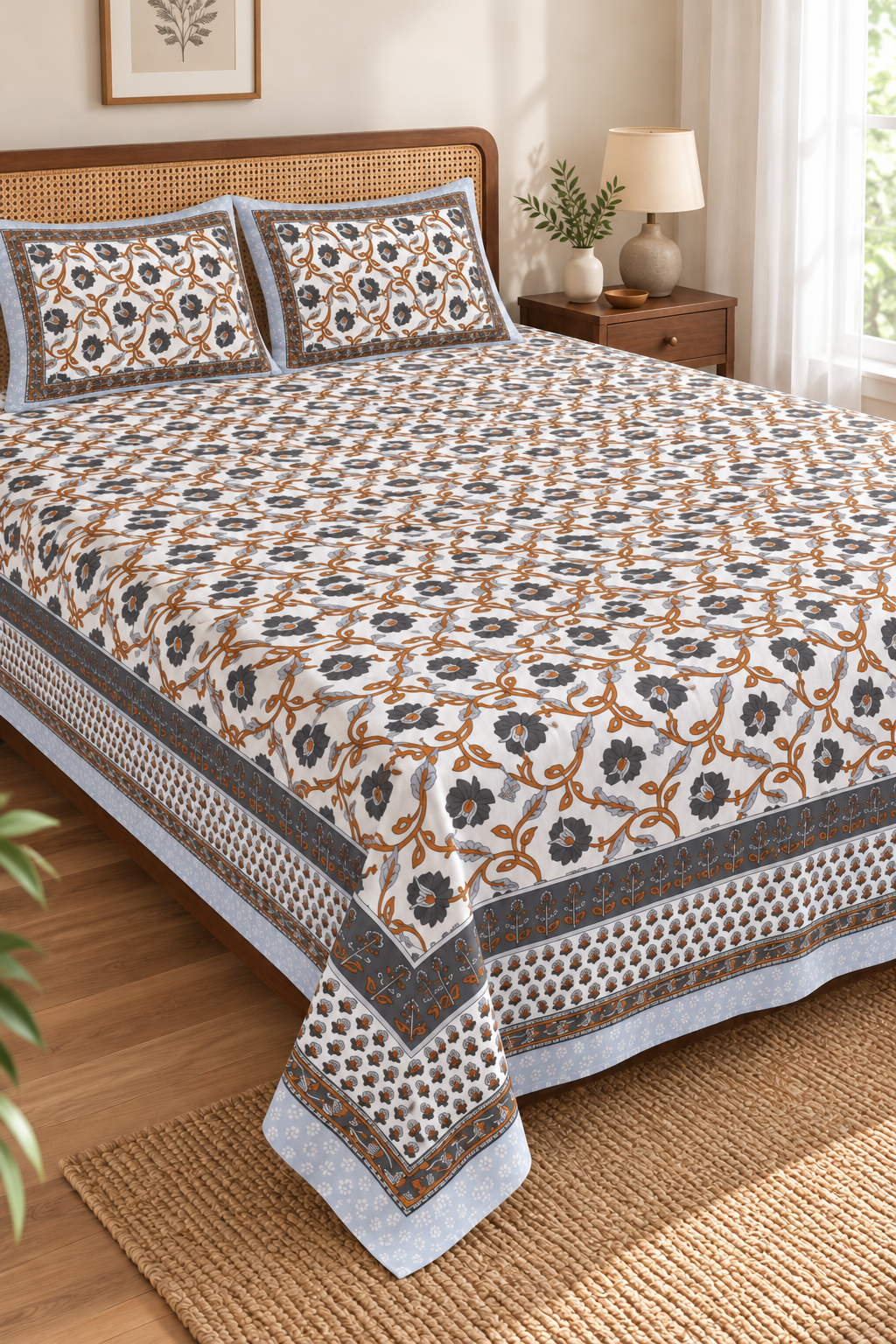 Queen Size Flat Bedsheet – Charcoal Floral & Ochre Vine Print