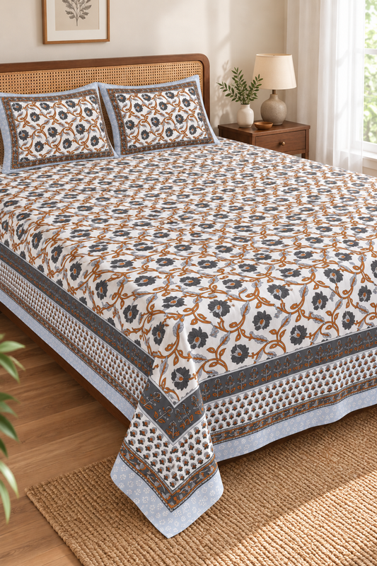 Queen Size Flat Bedsheet – Charcoal Floral & Ochre Vine Print