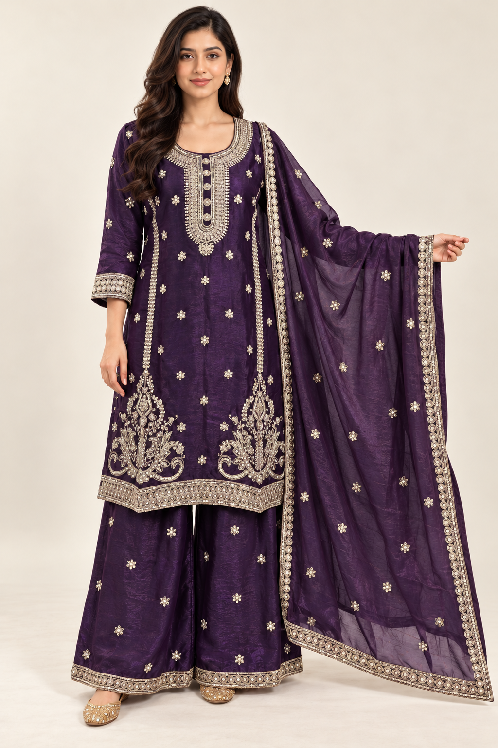 Deep Purple Embroidered Kurta Palazzo Suit with Dupatta