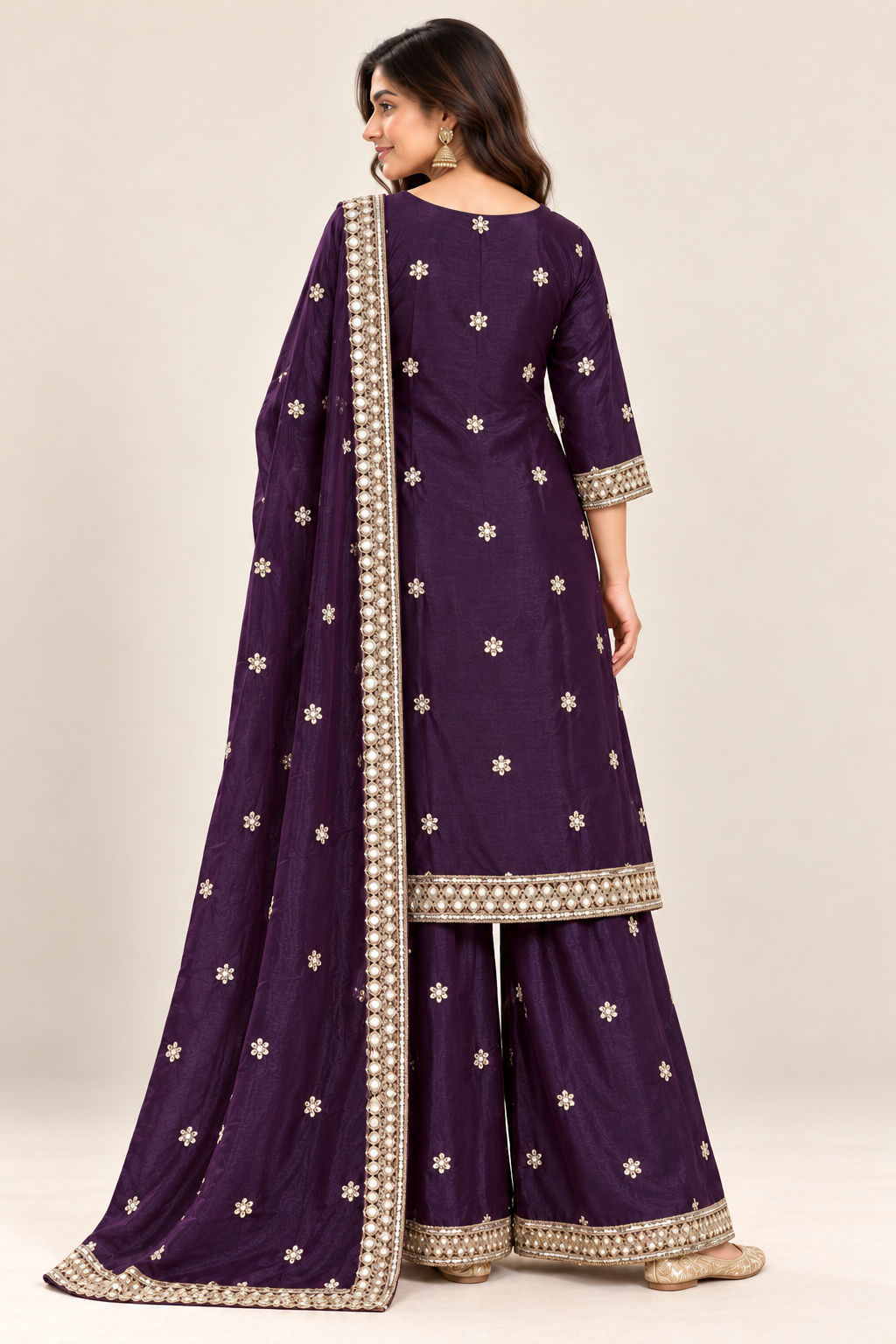 Deep Purple Embroidered Kurta Palazzo Suit with Dupatta