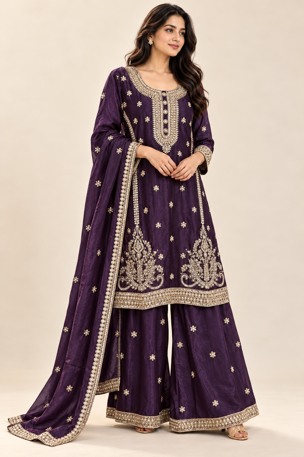 Deep Purple Embroidered Kurta Palazzo Suit with Dupatta