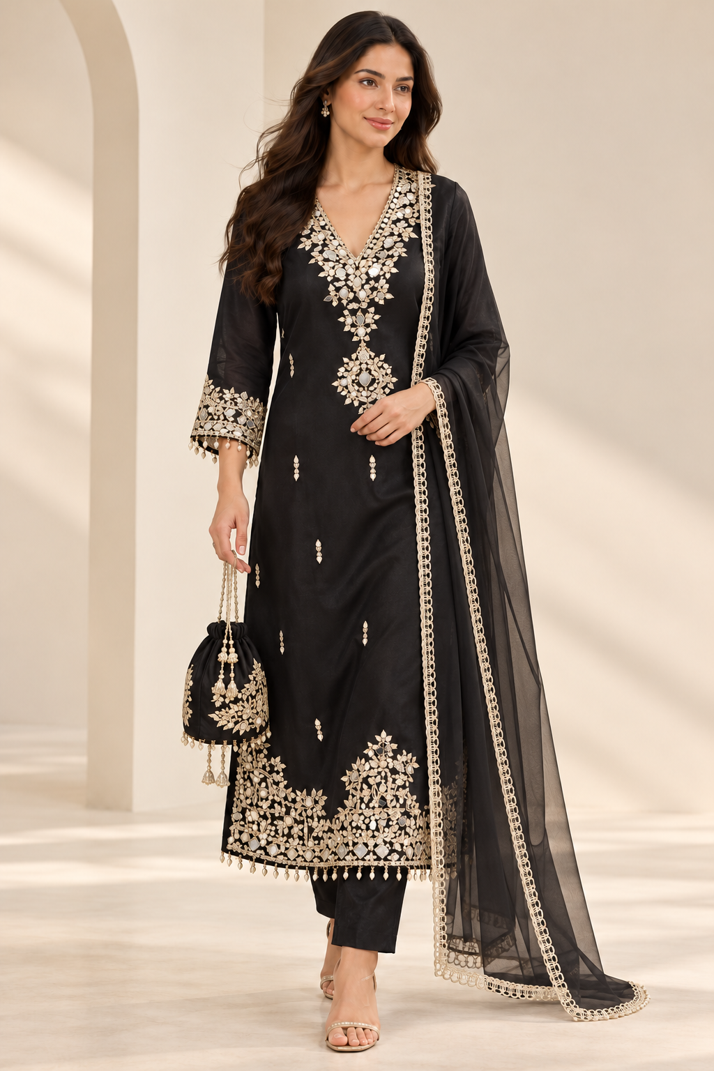 Black Mirror-Work Kurti Pant & Dupatta Suit with Matching Potli – 4-Piece Set