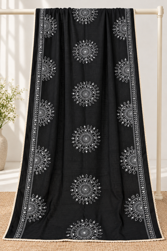 Black Semi Gaji Bandhej Dupatta with Mirror Work