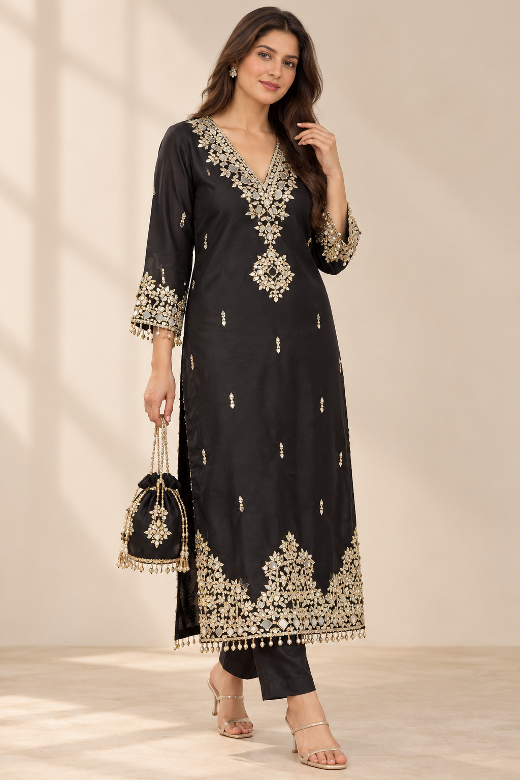 Black Mirror-Work Kurti Pant & Dupatta Suit with Matching Potli – 4-Piece Set