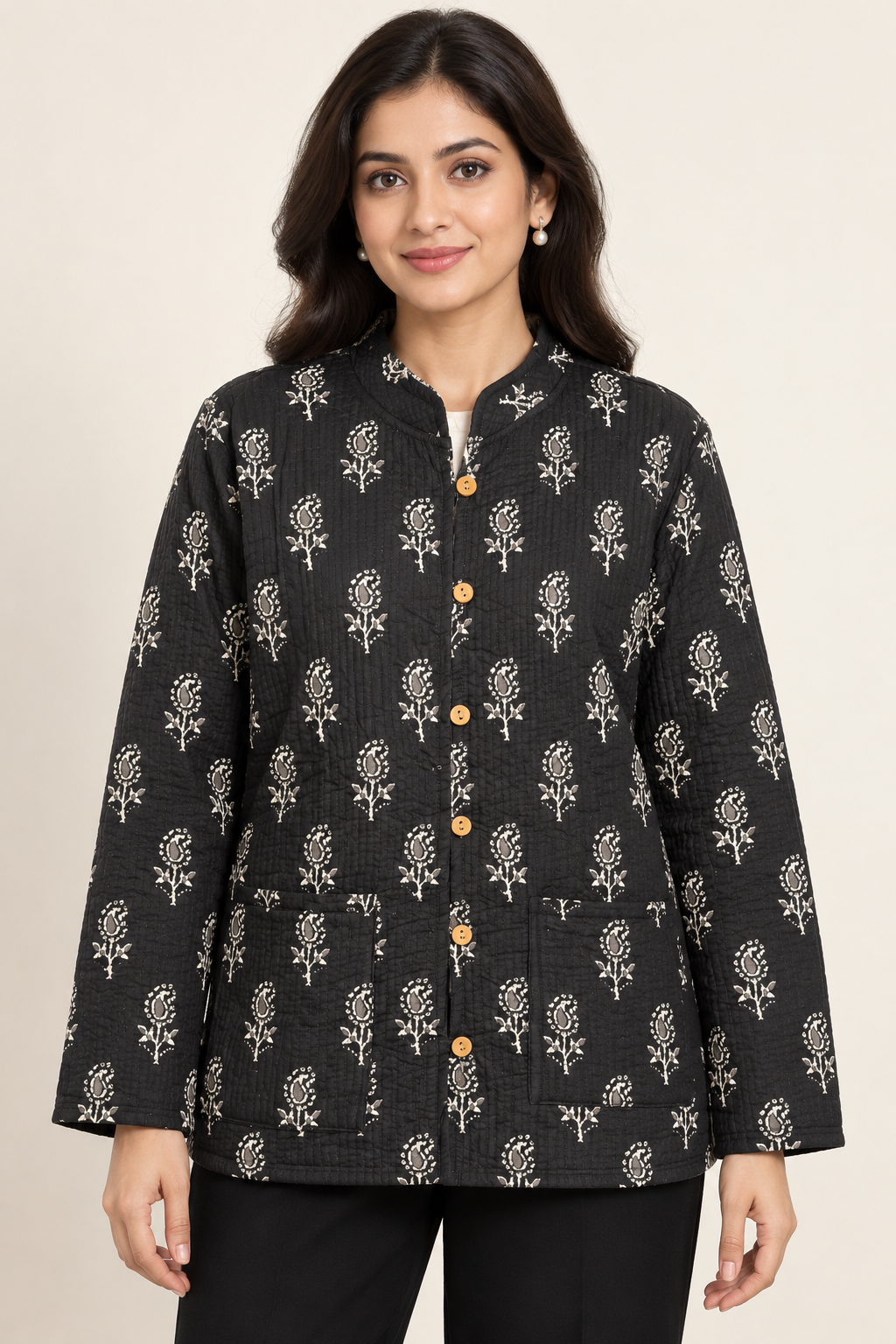 Women’s Reversible Full-Sleeve Quilted Jacket – Black & Ivory Floral