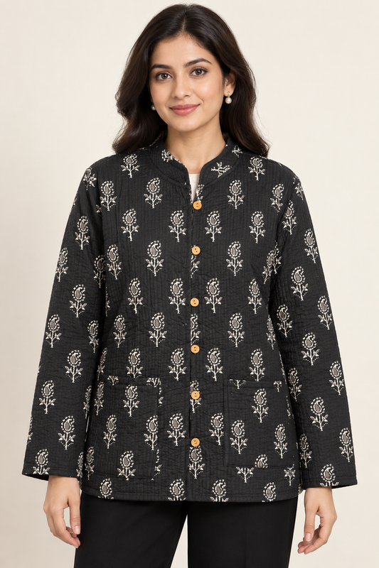 Women’s Reversible Full-Sleeve Quilted Jacket – Black & Ivory Floral